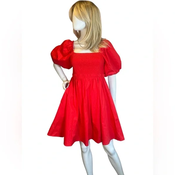ODDI Red Puff-Sleeve Smocked Midi Dress NWT - Picture 8 of 8